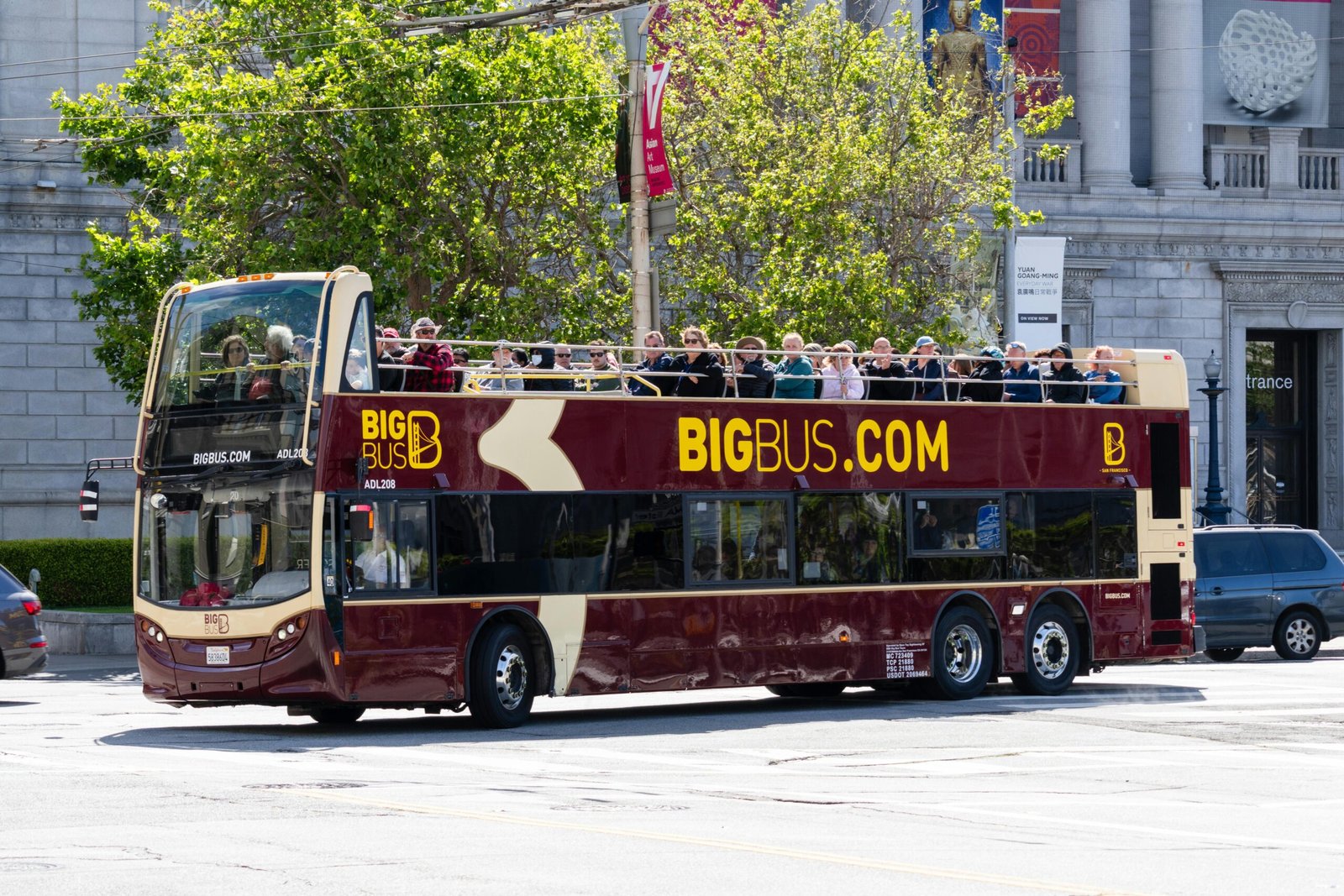 A sightseeing double-decker bus on a city tour in San Francisco, California.